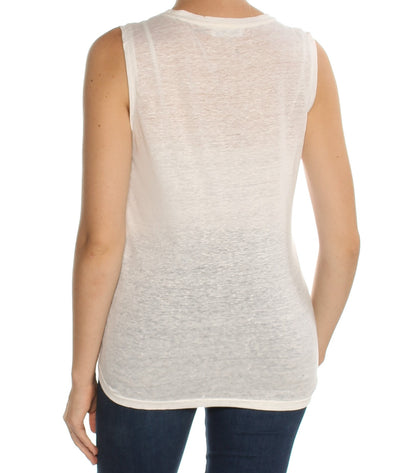 CALVIN KLEIN Womens Ivory Mesh Sleeveless Jewel Neck Top