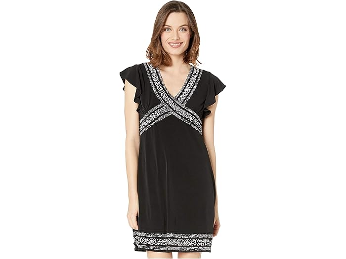 MICHAEL KORS Womens Black Stretch Zippered Flutter V Neck Short Shift Dress XS