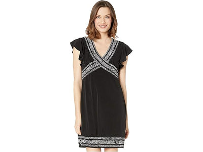 MICHAEL KORS Womens Black Stretch Zippered Flutter V Neck Short Shift Dress XS