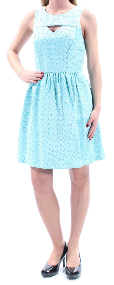 KENSIE Womens Teal Embroidered Cut Out Polka Dot Sleeveless Jewel Neck Above The Knee Fit + Flare Dress