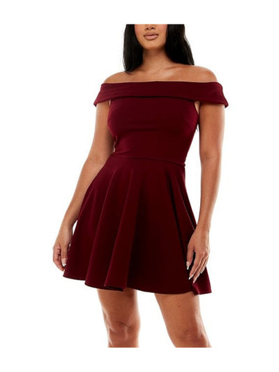 B DARLIN Womens Burgundy Stretch Zippered Ruffled Short Sleeve Off Shoulder Short Party Fit + Flare Dress 13\14