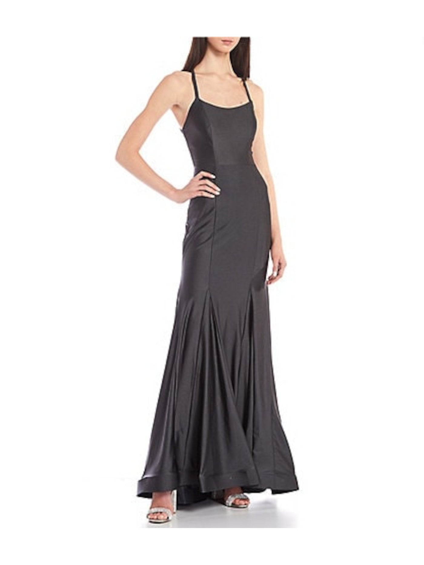 BLONDIE Womens Gray Stretch Zippered Illusion Panel Cutout Back Lined Sleeveless Scoop Neck Full-Length Formal Gown Dress 7