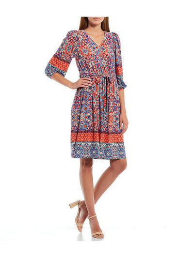 CALVIN KLEIN Womens Orange Tie Shoulder Pads Printed 3/4 Sleeve V Neck Above The Knee Fit + Flare Dress 2