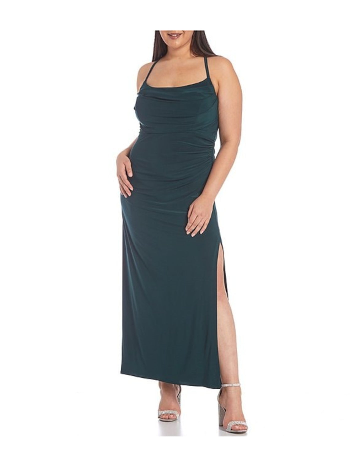 MORGAN & CO Womens Green Adjustable Zippered Slitted Padded Bust Ruched Spaghetti Strap Cowl Neck Maxi Cocktail Fit + Flare Dress Plus 20W