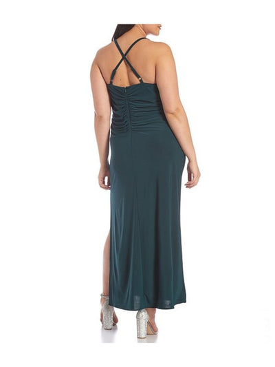 MORGAN & CO Womens Green Adjustable Zippered Slitted Padded Bust Ruched Spaghetti Strap Cowl Neck Maxi Cocktail Fit + Flare Dress Plus 20W