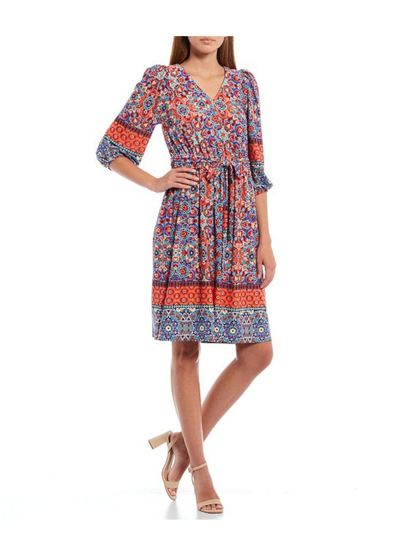 CALVIN KLEIN Womens Orange Tie Shoulder Pads Printed 3/4 Sleeve V Neck Above The Knee Fit + Flare Dress 10