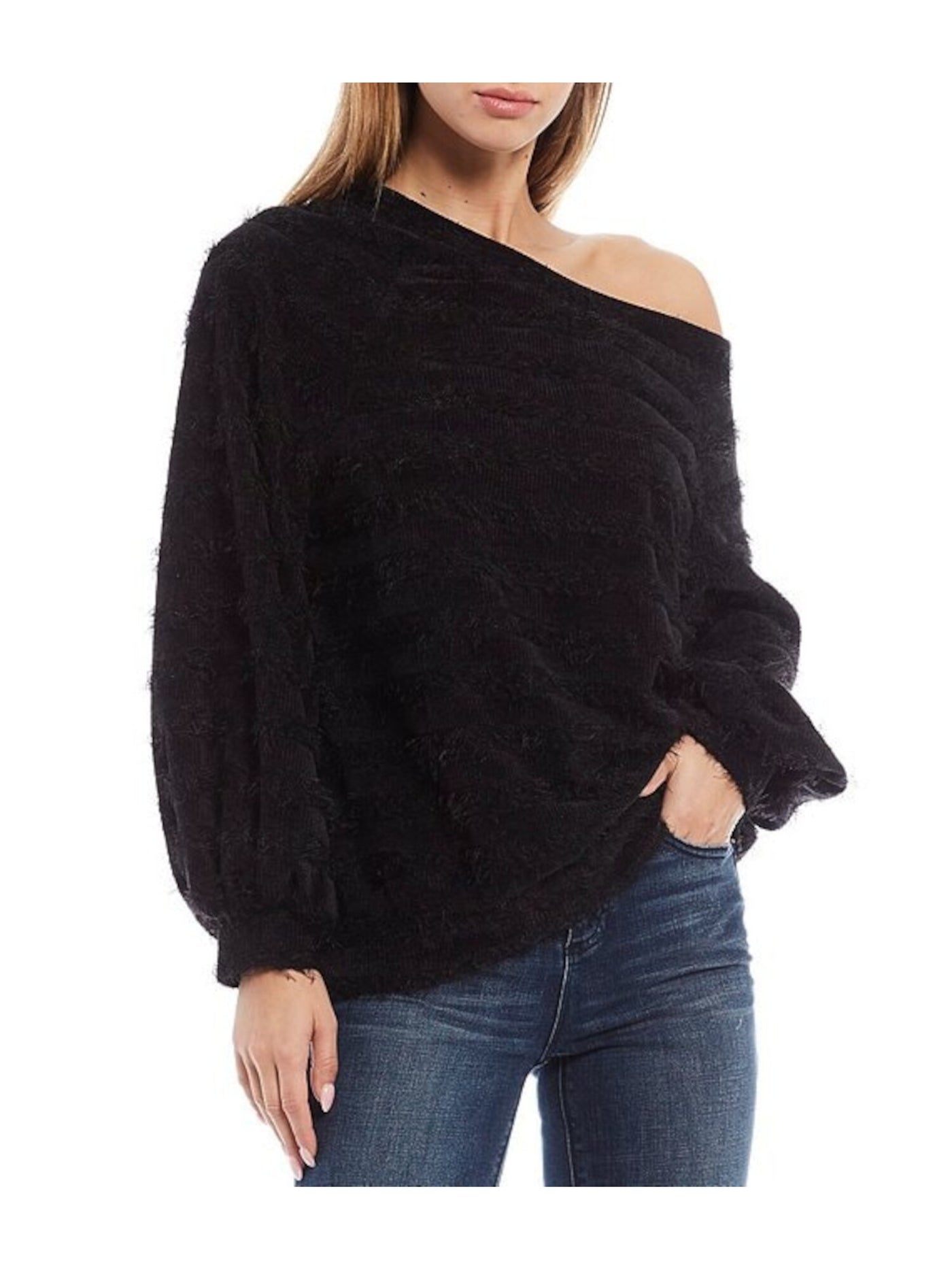 1. STATE Womens Black Striped Asymmetrical Neckline Sweater S