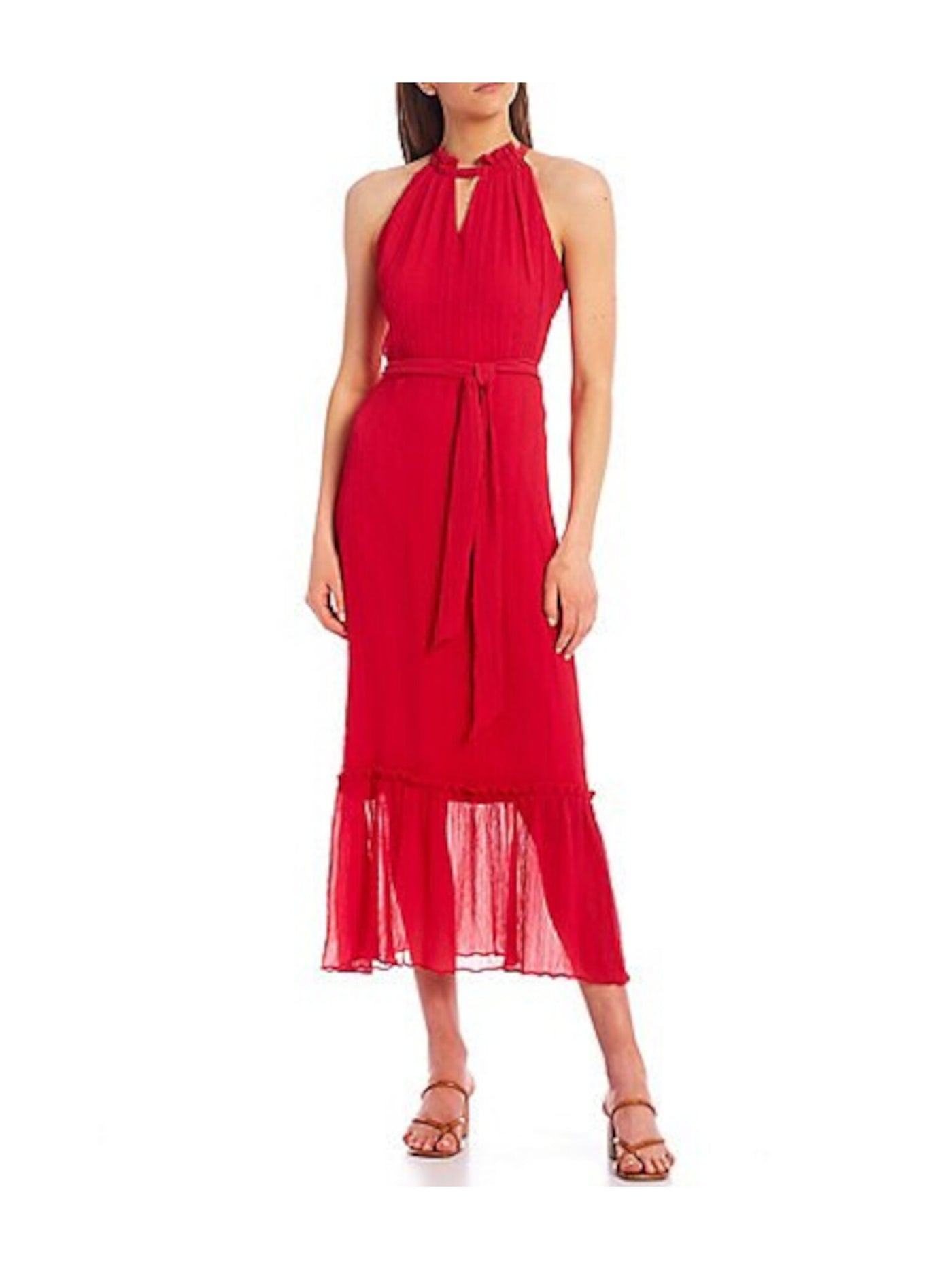 KENSIE Womens Red Cut Out Ruffled Tie Tiered Keyhole Sleeveless Halter Maxi Evening Fit + Flare Dress 8