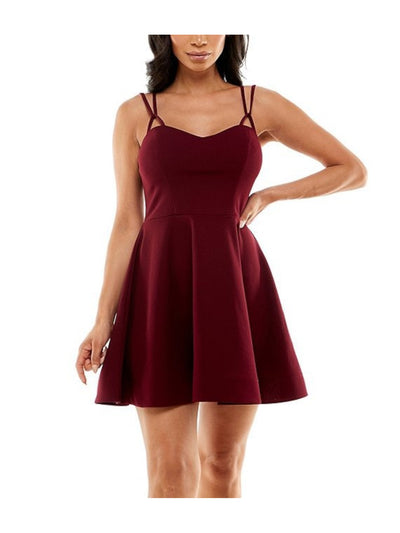 B DARLIN Womens Burgundy Stretch Zippered Darted Lined Spaghetti Strap Sweetheart Neckline Mini Party Fit + Flare Dress 1\2