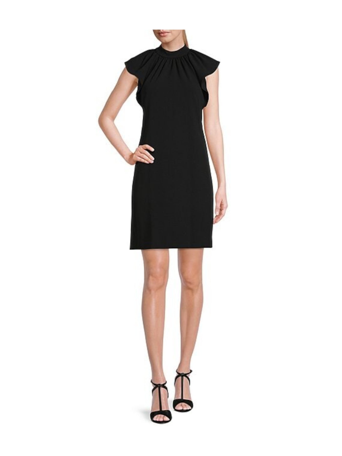 CALVIN KLEIN Womens Black Stretch Ruched Zippered Ruffle Cap Sleeves Mock Neck Above The Knee Wear To Work Sheath Dress 10