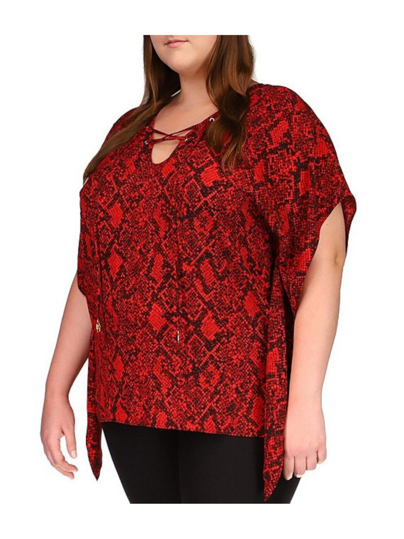 MICHAEL MICHAEL KORS Womens Red Tie Handkerchief Hem Kimono Sleeve V Neck Top Plus 1X