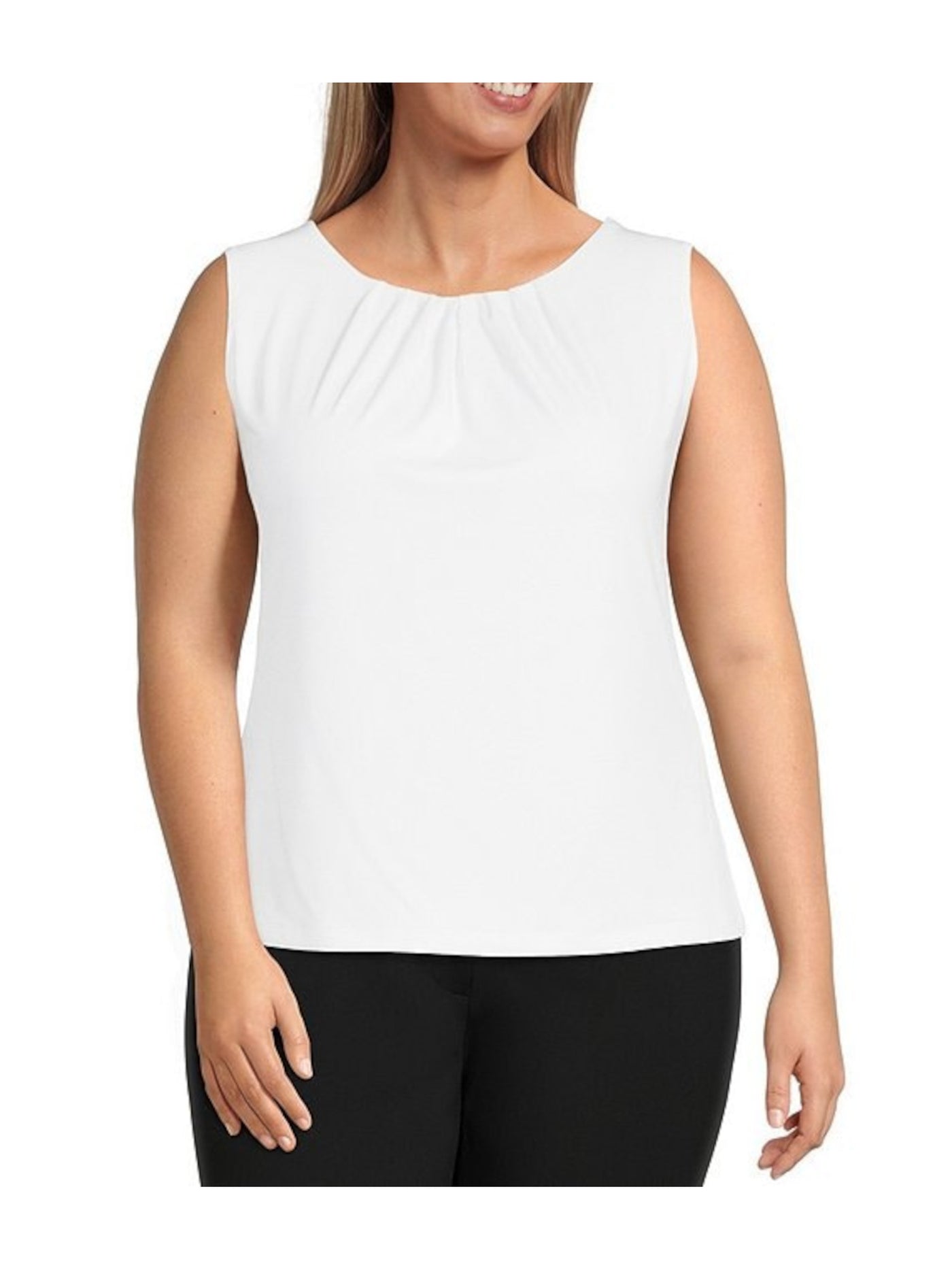 KASPER Womens Ivory Stretch Pleated Round Neck Wear To Work Tank Top L