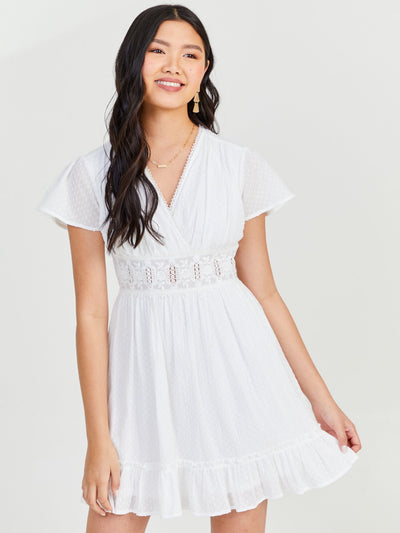 CITY STUDIO Womens Sheer Ruffled Crochet-trim Flutter Sleeve Surplice Neckline Short Fit + Flare Dress