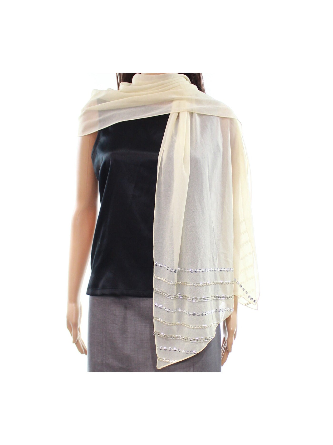 INC Womens Beige Diagonal Wrap Beaded Embellished Evening Scarf