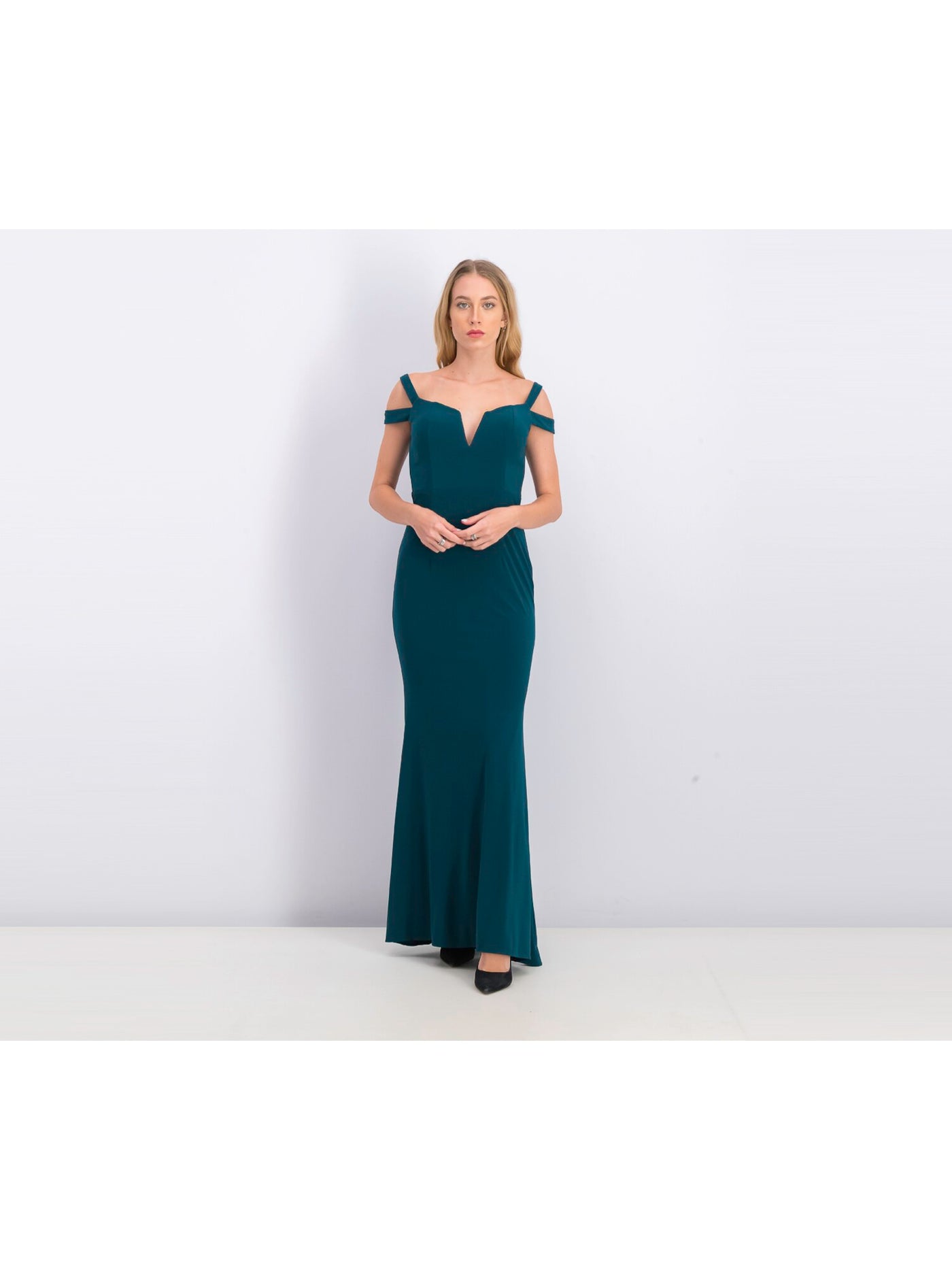 XSCAPE Womens Green Zippered Cold-shoulder Cutouts V Neck Full-Length Evening Dress 4