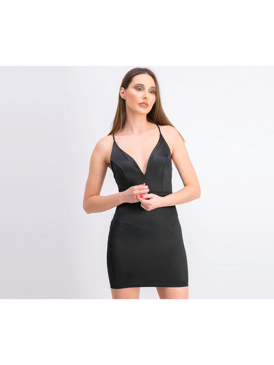 JUMP APPAREL Womens Black Zippered Adjustable Padded Bust Unlined Spaghetti Strap V Neck Mini Party Sheath Dress 3\4