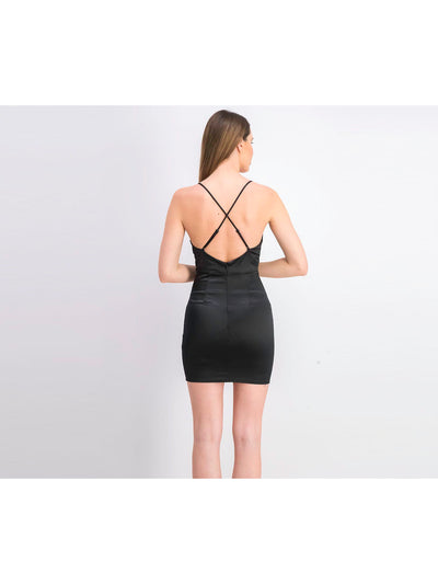 JUMP APPAREL Womens Black Zippered Adjustable Padded Bust Unlined Spaghetti Strap V Neck Mini Party Sheath Dress 3\4