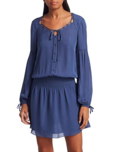 PARKER Womens Blue Tie Smocked Long Sleeve Sweetheart Neckline Mini Blouson Dress S