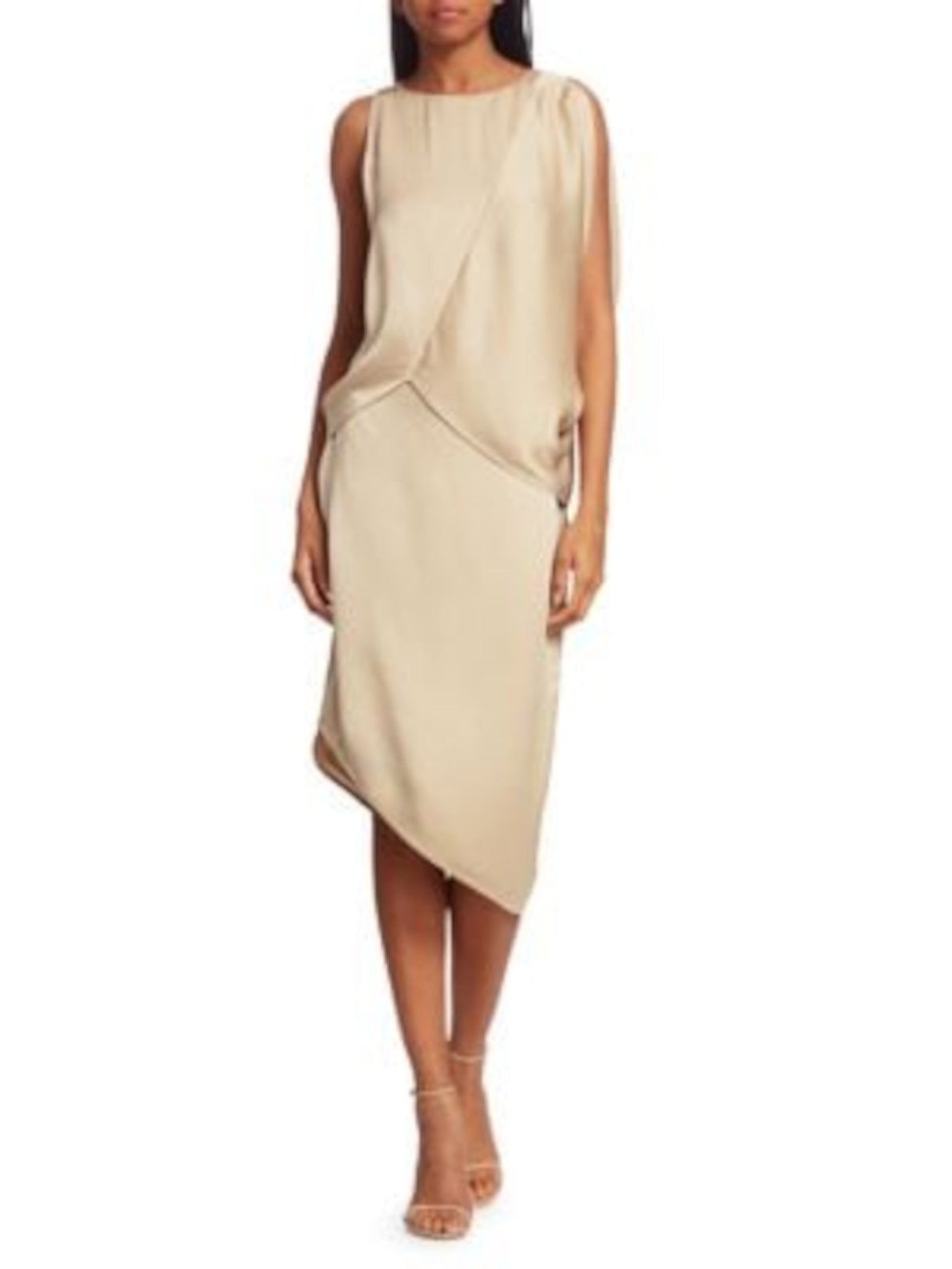 HALSTON Womens Beige Stretch Zippered Dramatic Draped Lined Asymmetric Sleeveless Round Neck Midi Cocktail Sheath Dress 12