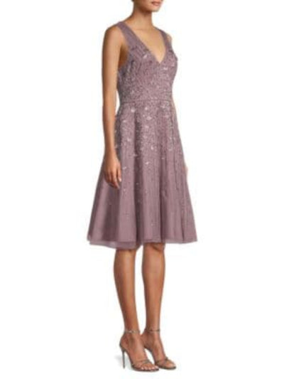 AIDAN MATTOX Womens Purple Embellished Sequined Sleeveless V Neck Knee Length Cocktail Fit + Flare Dress 4