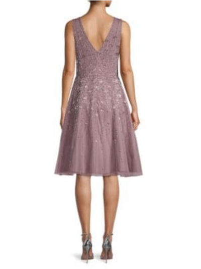 AIDAN MATTOX Womens Light Purple Embellished Sequined Sleeveless V Neck Knee Length Cocktail Fit + Flare Dress 10