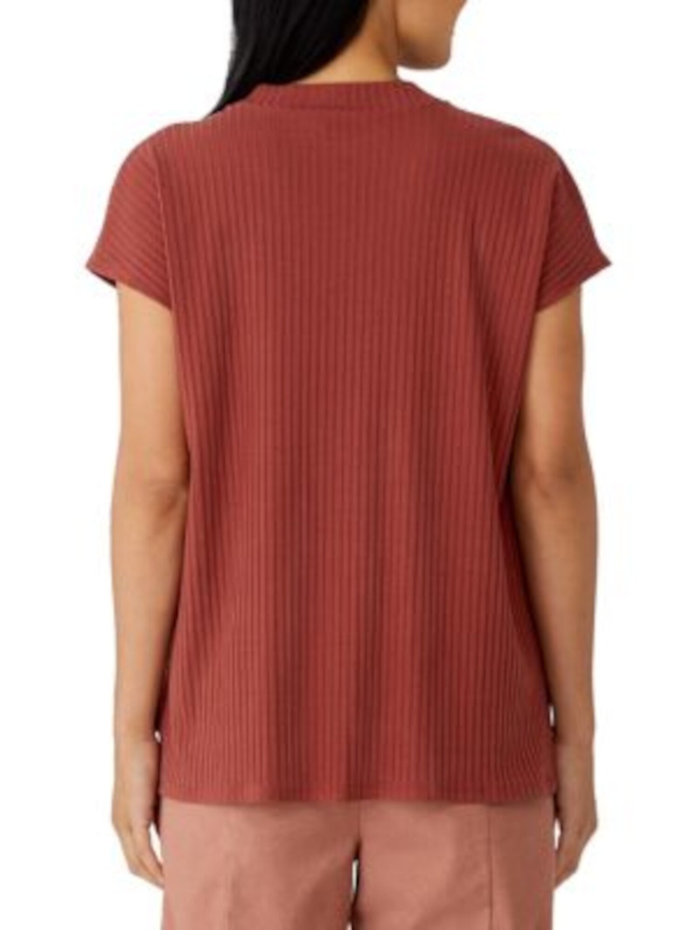 EILEEN FISHER Womens Brown Stretch Ribbed Textured Short Sleeve Crew Neck Top L