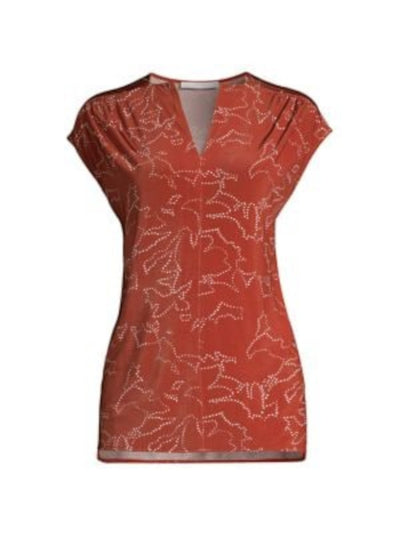 BOSS Womens Orange Pleated Side Vents Printed Short Sleeve Split Top XS