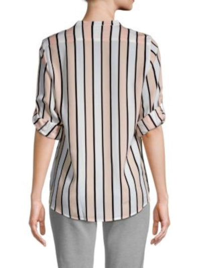 CALVIN KLEIN Womens White Striped Roll-tab Sleeve V Neck Wear To Work Button Up Top S