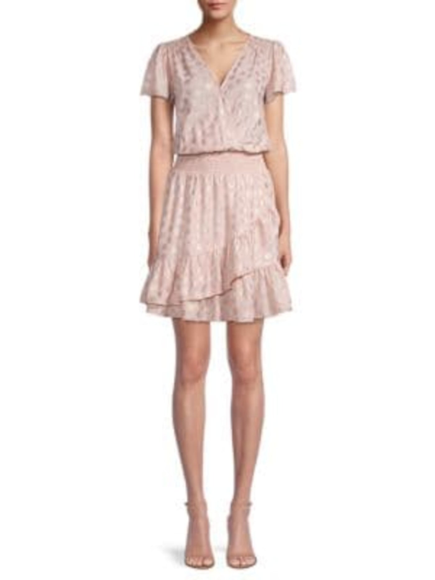 MICHAEL MICHAEL KORS Womens Pink Ruffled Smocked Textured Pullover Printed Flutter Sleeve Surplice Neckline Short Fit + Flare Dress Petites P\M