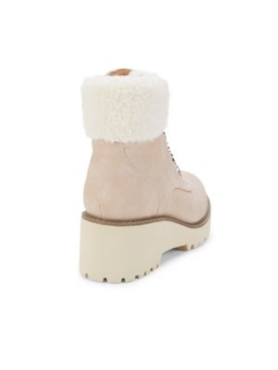 DOLCE VITA Womens Almond Beige Contrast Faux Shearling 1" Platform Padded Lug Sole Hanley Round Toe Wedge Lace-Up Leather Hiking Boots 9.5