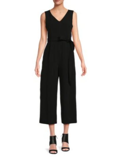 CALVIN KLEIN Womens Black Zippered Pocketed Pleated Tie-belt Cropped Sleeveless V Neck Wear To Work Straight leg Jumpsuit 4