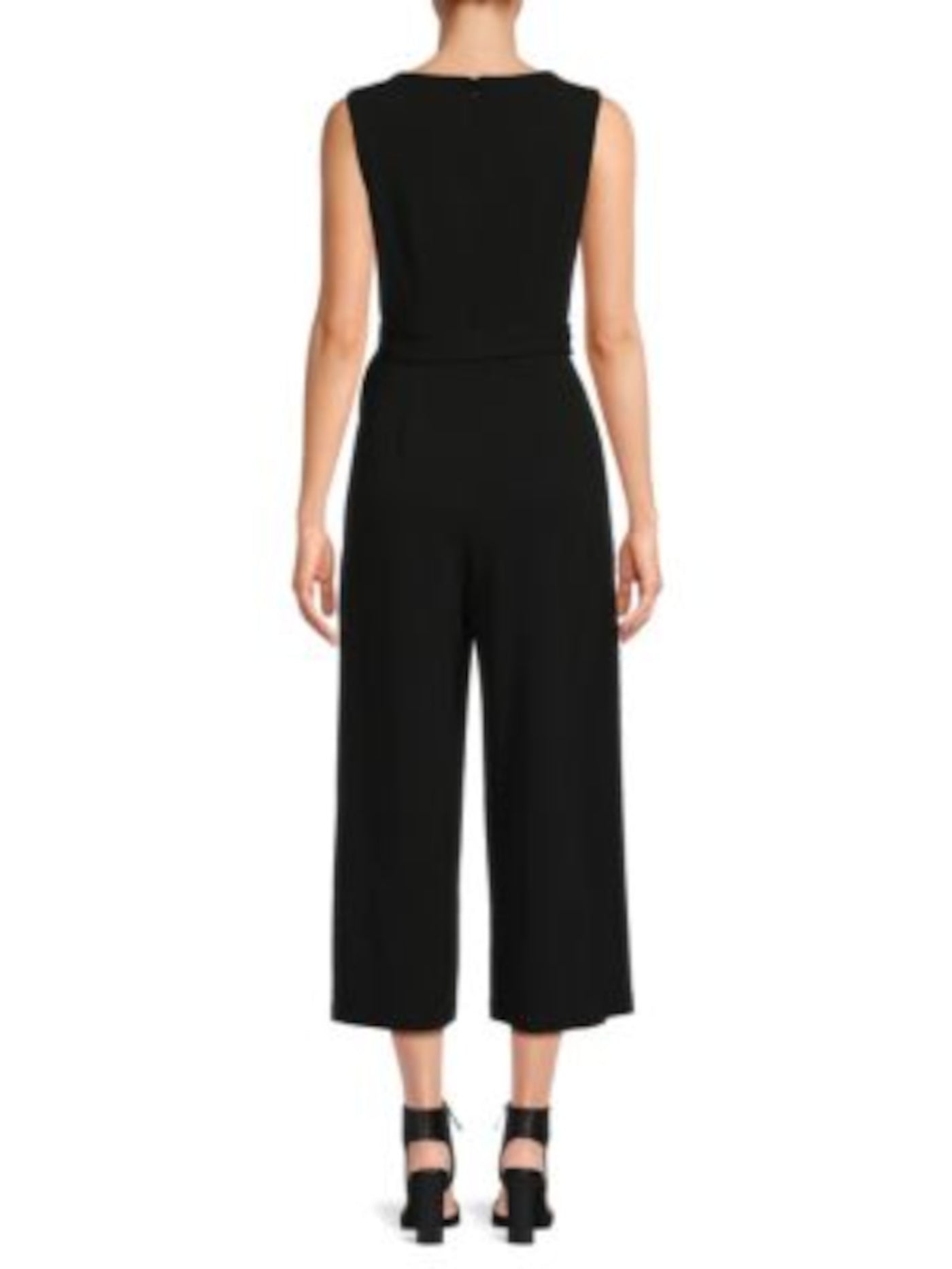 CALVIN KLEIN Womens Black Zippered Pocketed Pleated Tie-belt Cropped Sleeveless V Neck Wear To Work Straight leg Jumpsuit 4