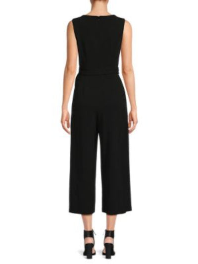 CALVIN KLEIN Womens Black Zippered Pocketed Pleated Tie-belt Cropped Sleeveless V Neck Wear To Work Straight leg Jumpsuit 4