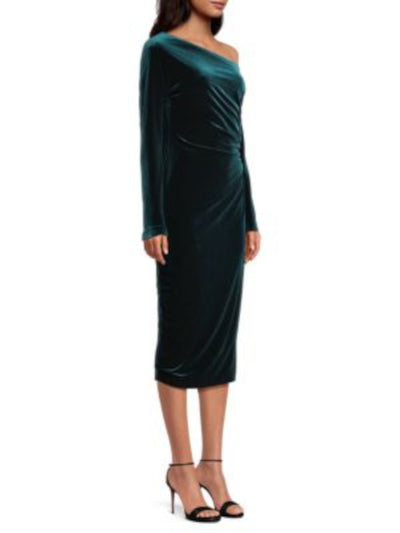 DONNA KARAN NEW YORK Womens Green Zippered Ruched Lined Long Sleeve Asymmetrical Neckline Midi Cocktail Sheath Dress 10