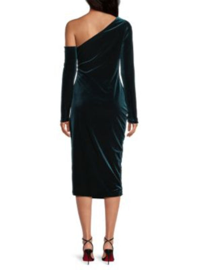 DONNA KARAN NEW YORK Womens Green Zippered Ruched Lined Long Sleeve Asymmetrical Neckline Midi Cocktail Sheath Dress 10