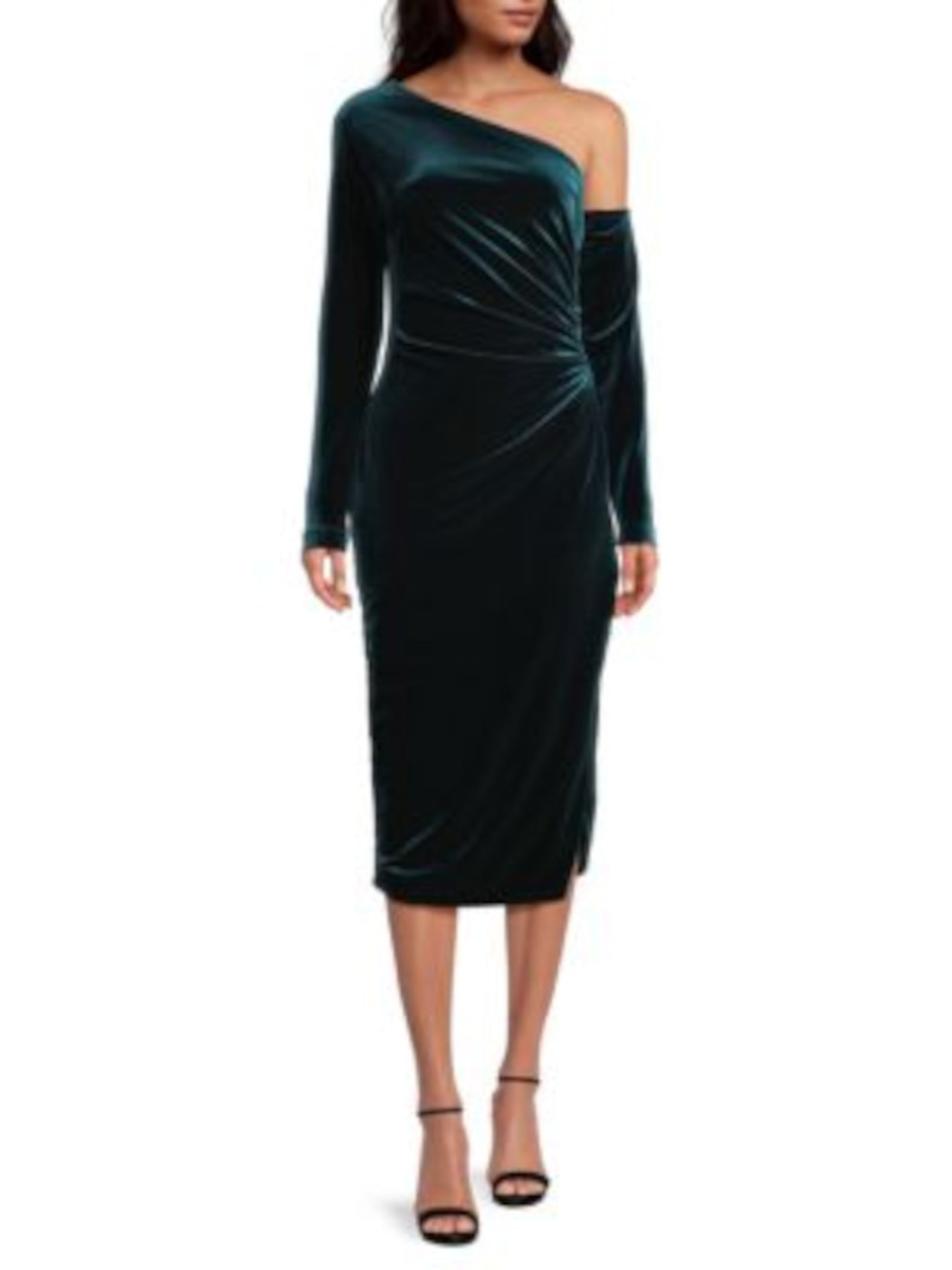 DONNA KARAN Womens Green Zippered Ruched Lined Long Sleeve Asymmetrical Neckline Midi Cocktail Sheath Dress 14