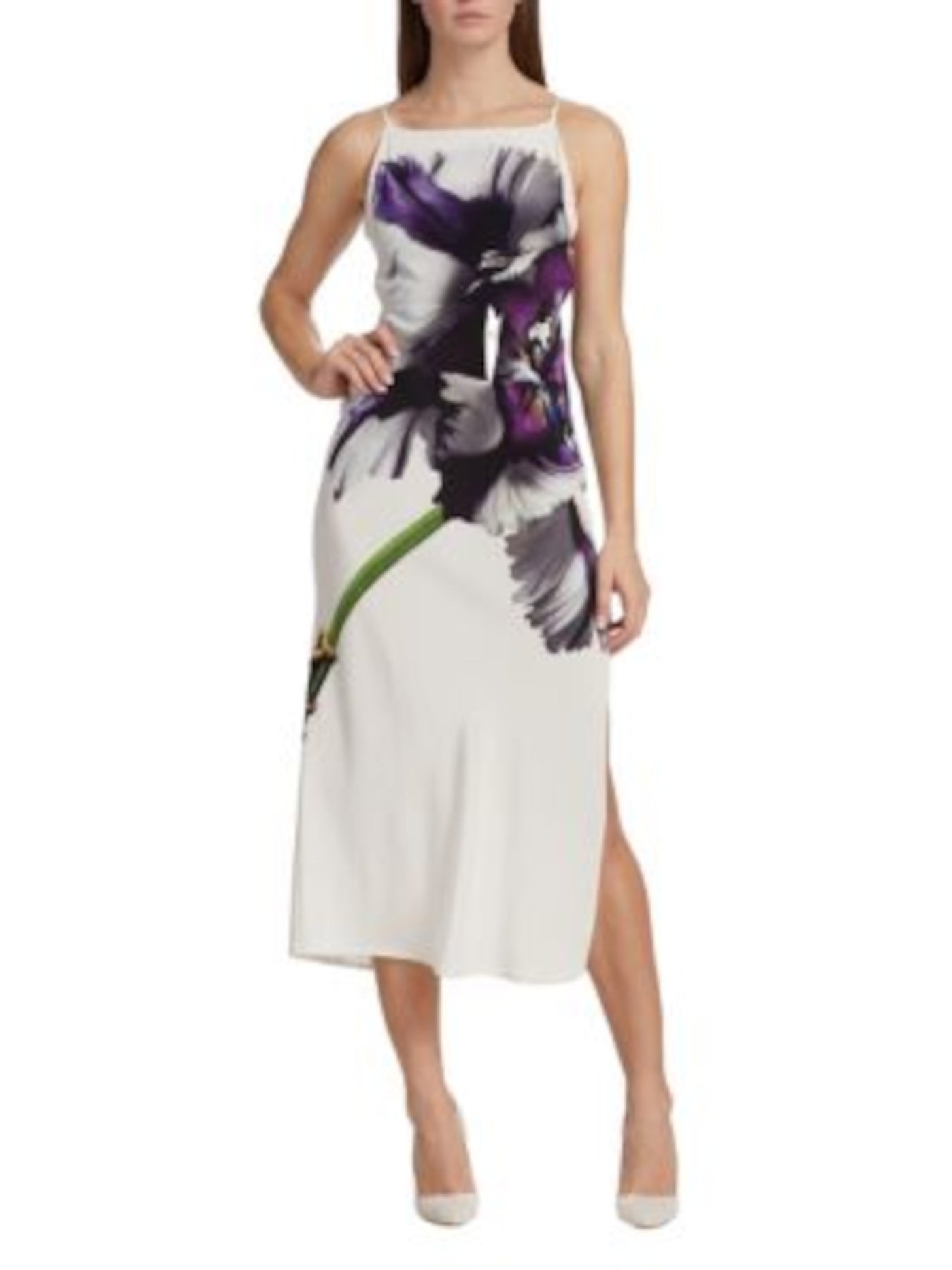JASON WU Womens White Zippered Slitted Strappy Open Back Floral Spaghetti Strap Square Neck Midi Party Sheath Dress 4