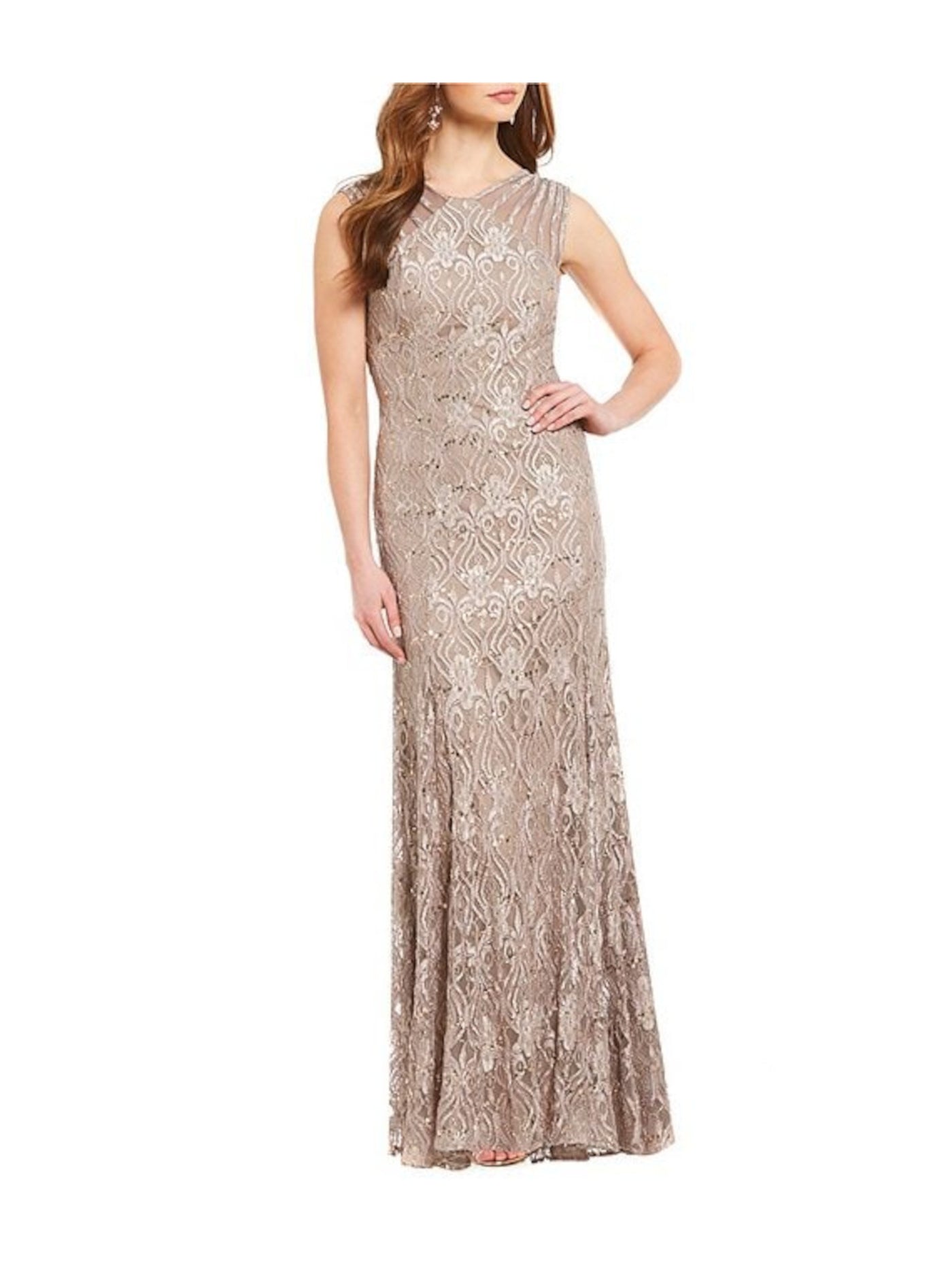 R&M RICHARDS PETITE Womens Beige Sequined Zippered Illusion Mesh Insets Sleeveless Jewel Neck Full-Length Evening Gown Dress Petites 14P