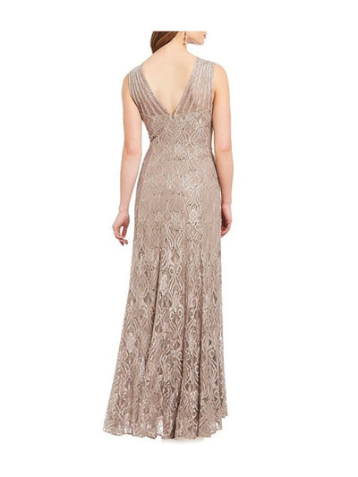 R&M RICHARDS PETITE Womens Beige Sequined Zippered Illusion Mesh Insets Sleeveless Jewel Neck Full-Length Evening Gown Dress Petites 14P