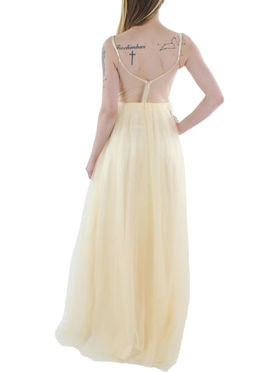 BLONDIE NITES Womens Yellow Beaded Zippered Adjustable Slitted Lined Floral Spaghetti Strap Sweetheart Neckline Full-Length Prom Gown Dress 1