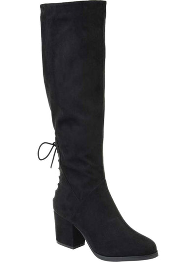 JOURNEE COLLECTION Womens Black Lace-Up Detailing Stretch Gore Bow Accent Extra Wide Calf Leeda Almond Toe Block Heel Zip-Up Heeled Boots 7.5 XWC