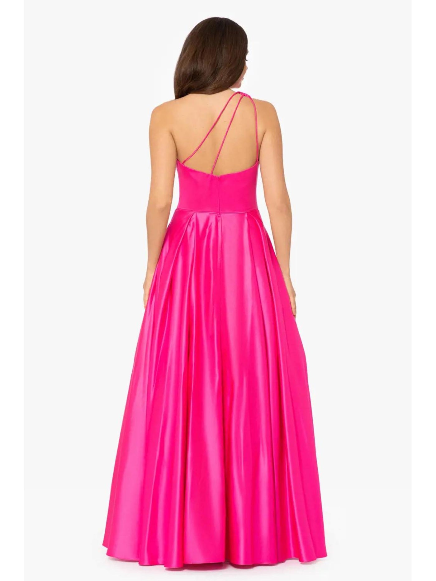 BLONDIE NITES Womens Pink Zippered Pocketed Pleated Lined Tulle Sleeveless Asymmetrical Neckline Full-Length Formal Gown Dress 5