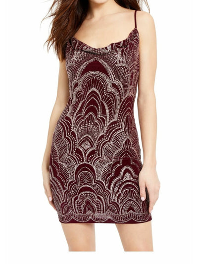 JUMP Womens Burgundy Glitter Spaghetti Strap Cowl Neck Mini Evening Body Con Dress XL