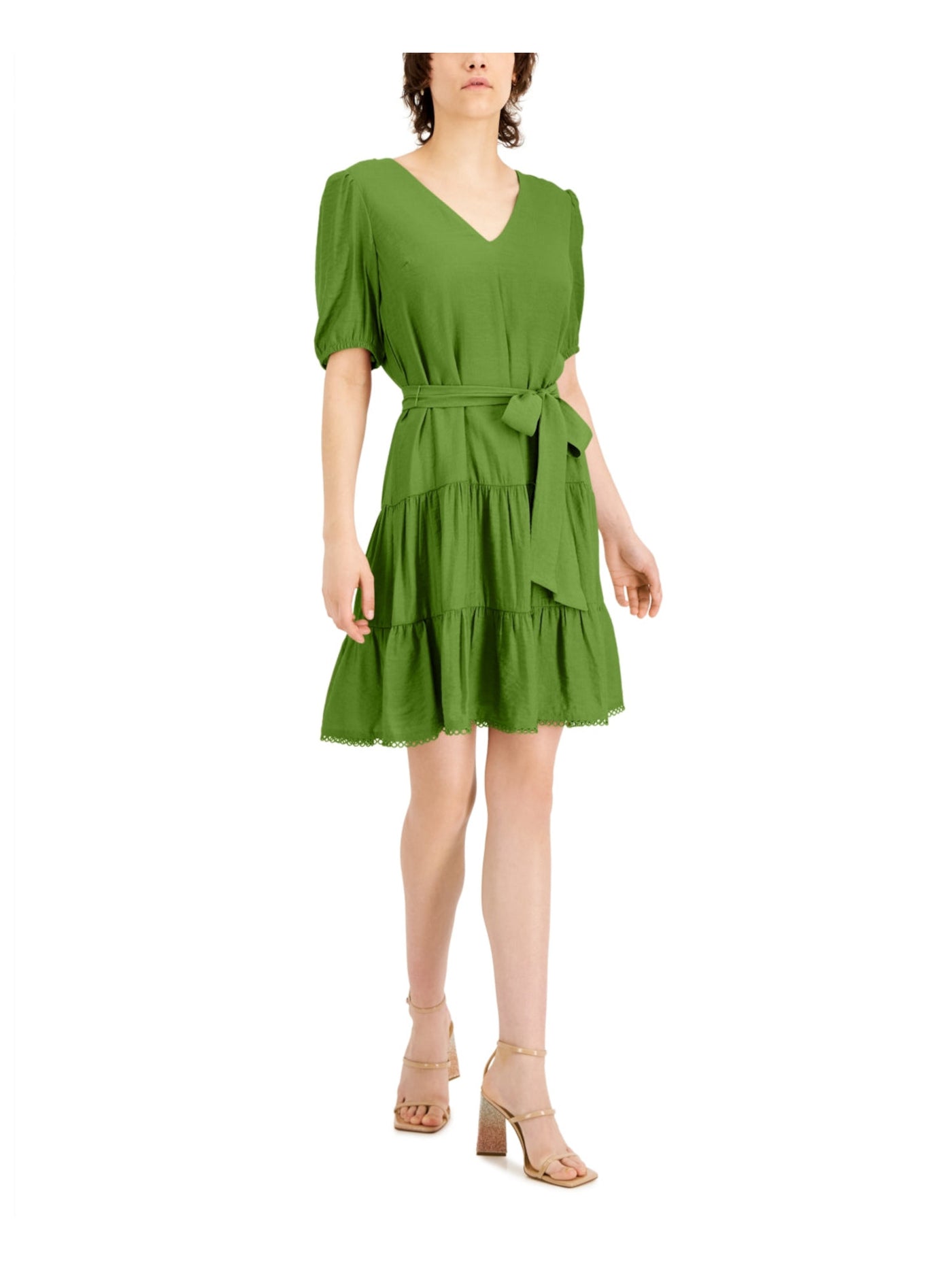 INC DRESSES Womens Green Zippered Textured Tie Belt Lined Tie V Back Tiered Pouf Sleeve V Neck Above The Knee Fit + Flare Dress XL