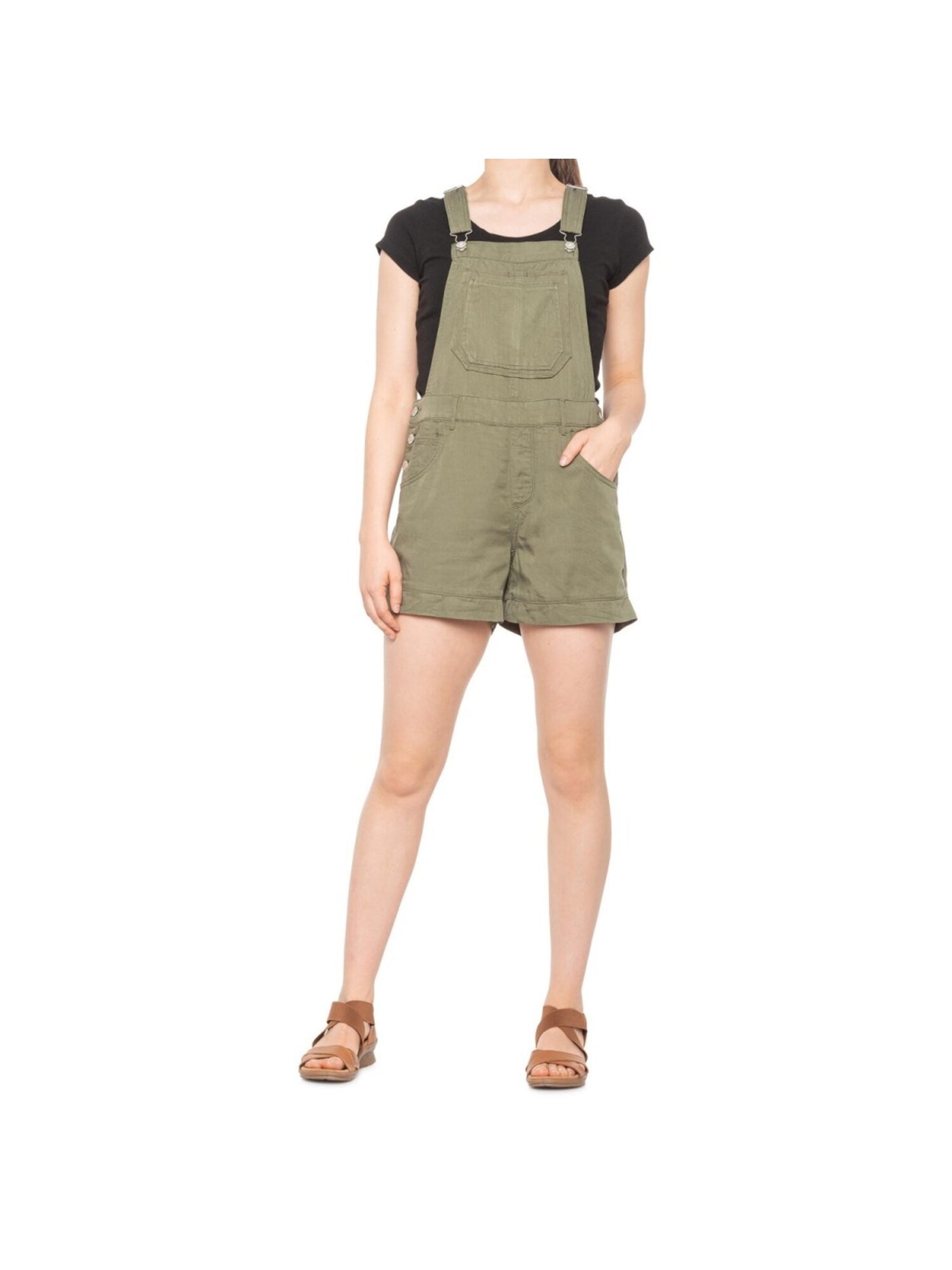 SEVEN7 Womens Green Pocketed Adjustable Bib Shortalls Sleeveless Square Neck Romper L