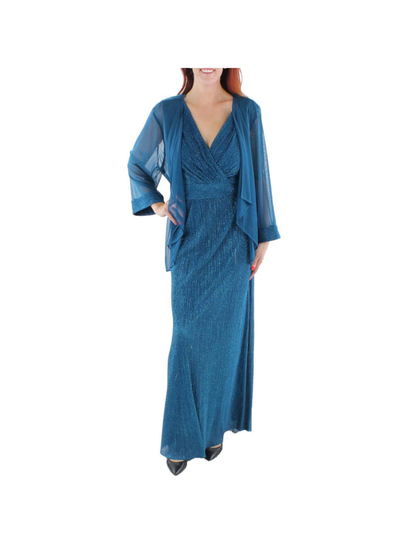 R&M RICHARDS Womens Teal Glitter Contrast Trim Sheer Waterfall St Long Sleeve Open Front Evening Cardigan 18