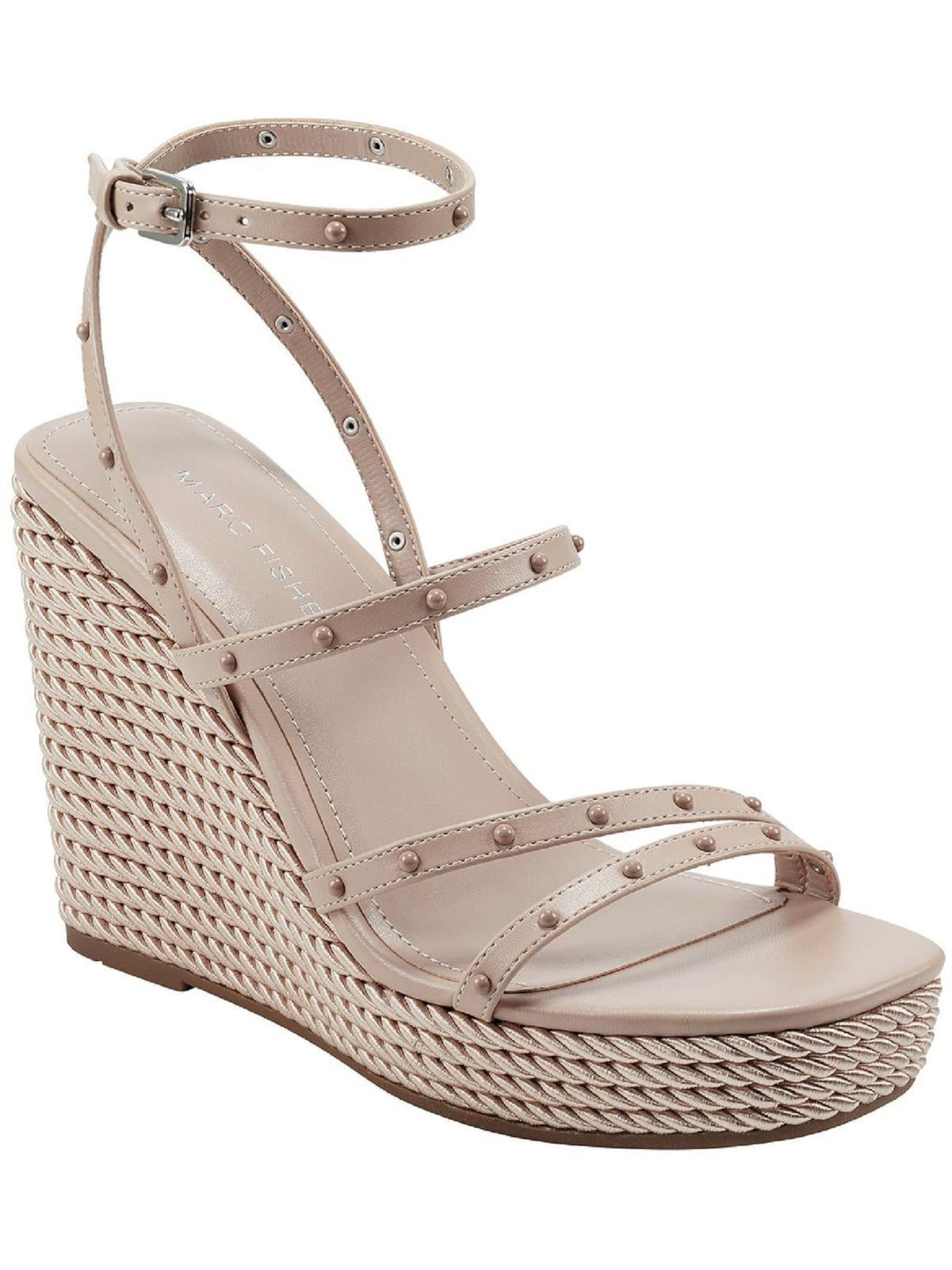 MARC FISHER Womens Beige Strappy Studded Zig Square Toe Wedge Buckle Heeled Sandal 10 M