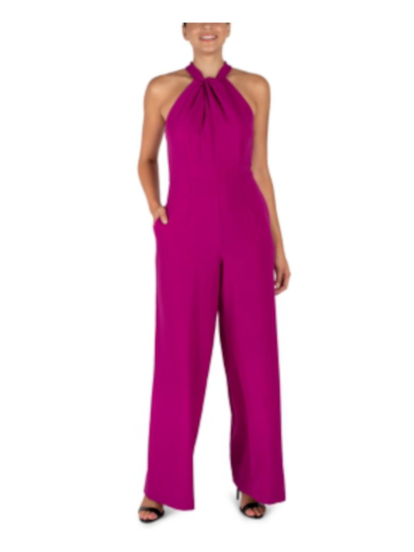 JULIA JORDAN Womens Purple Zippered Twist-front Sleeveless Halter Cocktail Wide Leg Jumpsuit 8