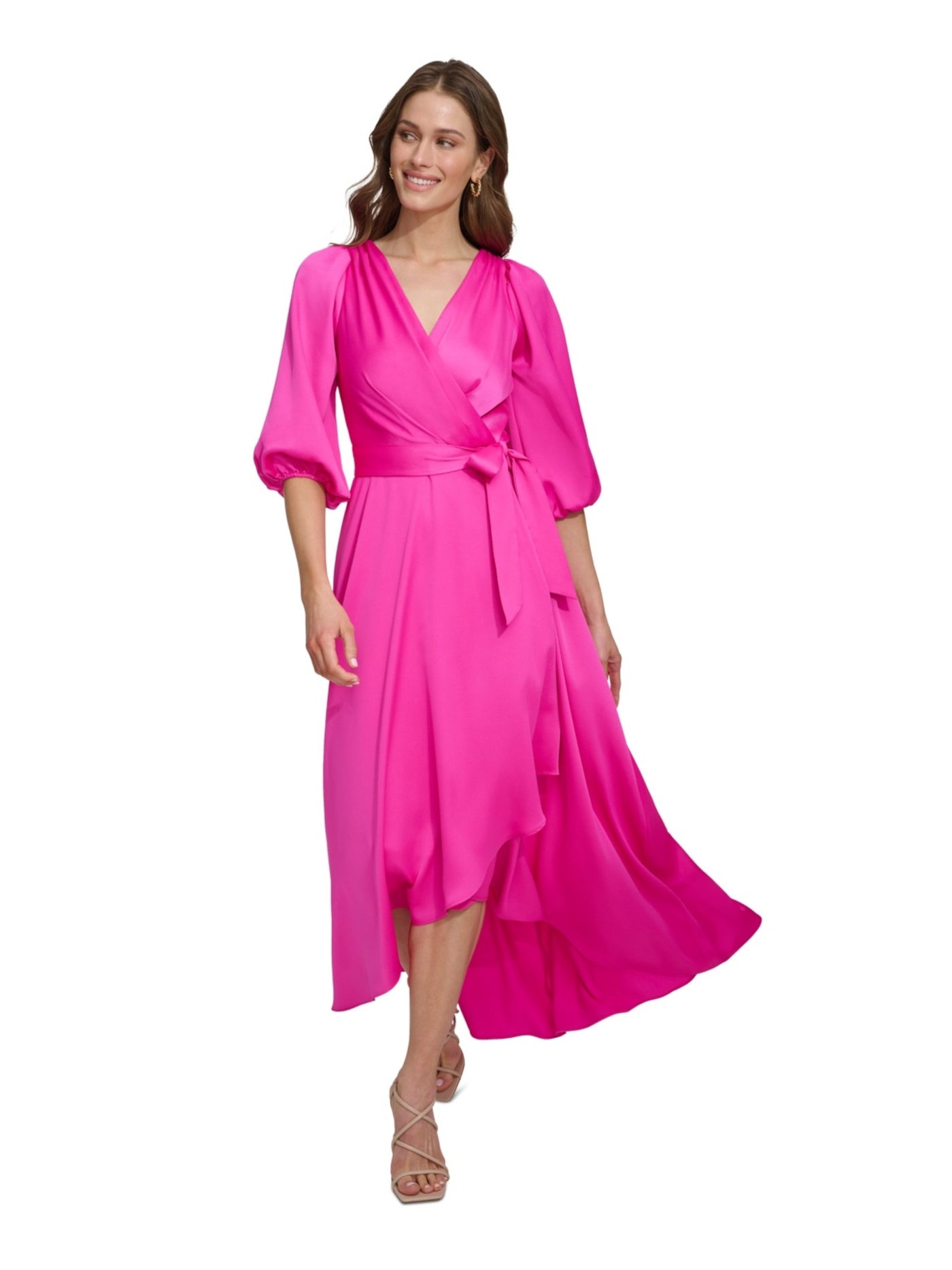 DKNY Womens Pink Pleated Zippered Self-tie Belt Lined Hi-lo Hem Balloon Sleeve Surplice Neckline Full-Length Evening Faux Wrap Dress 14