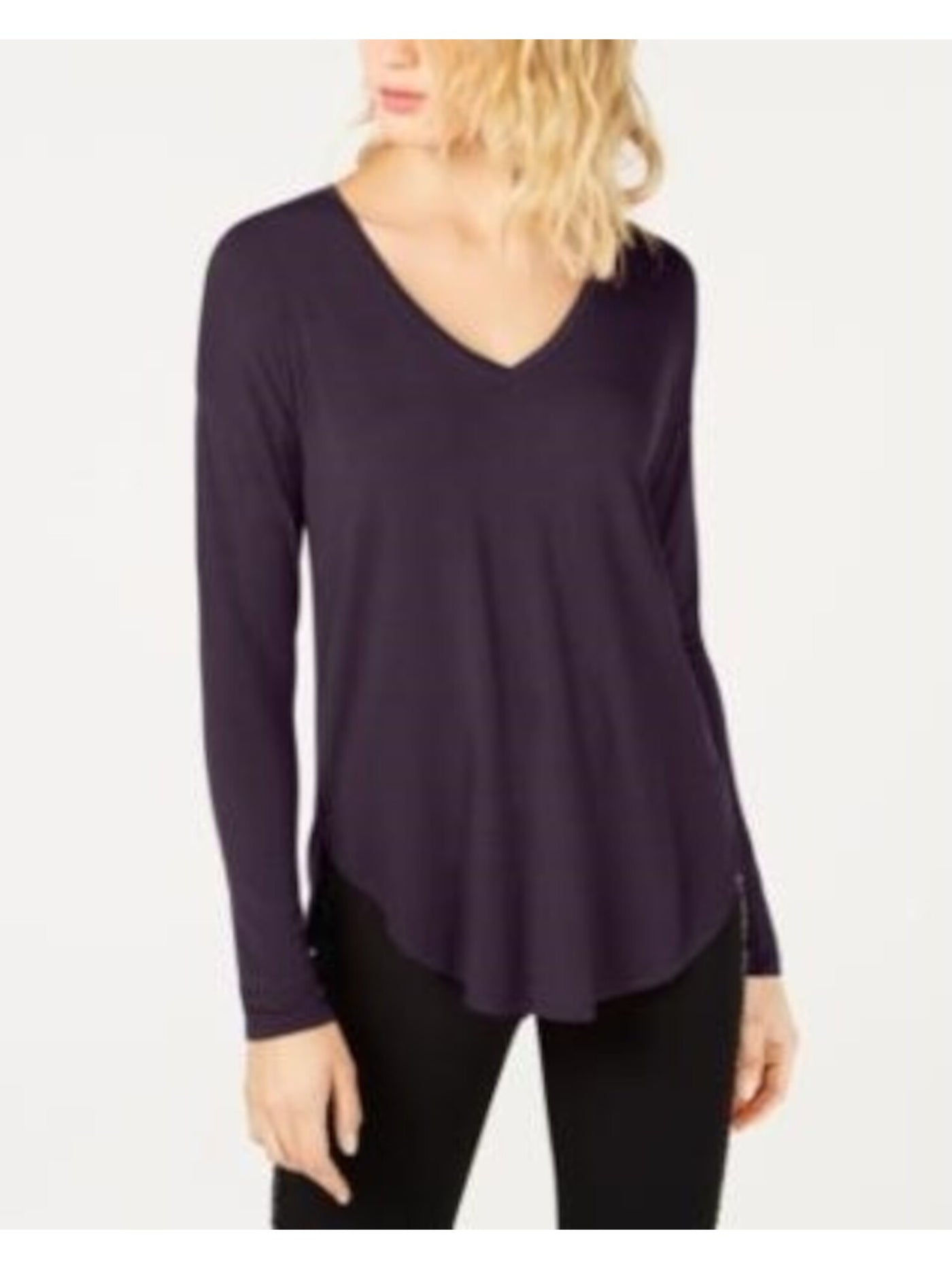 INC Womens Purple Long Sleeve V Neck Hi-Lo Top Size: S